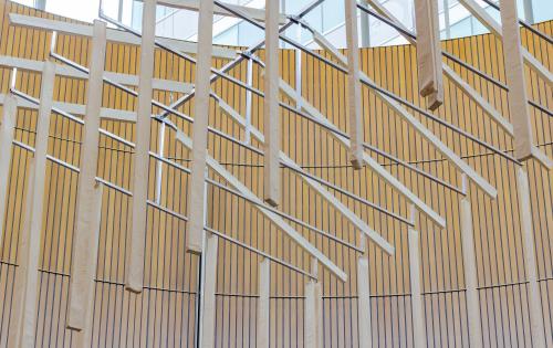 Sculpture representing a small framed house suspended in Rotunda at Kitchener City Hall