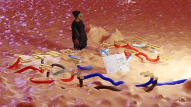 the artist in an augmented reality space with plasticized sand and squiggly tubes
