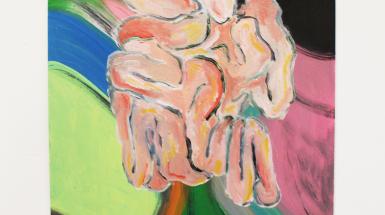 A painting of a square of pink squirming intestines