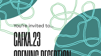 opening reception graphic with green circle branding and string