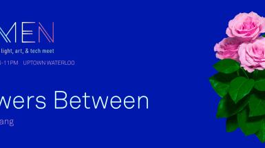 Pink Roses on a blue background, Lumen logo, Saturday September 23 6-11PM Uptown Waterloo