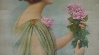 Calendar page of Hop Wo Laundry. Woman holding a bouquet of pink roses.