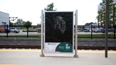 The back of a head of black hair in an afro hairstyle of ringlets on a black background, mounted in an advertisement slot at an Ion station.
