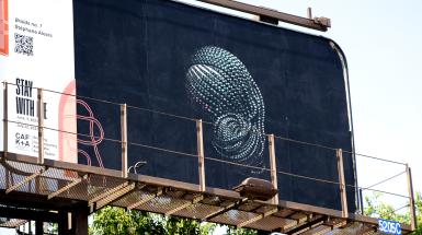 The back of a head of black hair in an afro hairstyle of braids curled into a back-bun on a black background, mounted on a billboard.