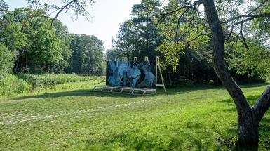 Freestanding billboard far 3/4 view.