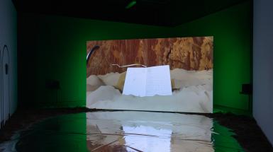 A scene from the projected video showing a written-in journal amid an alien sandy landscape.