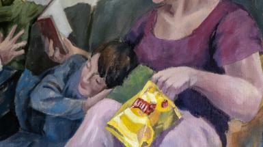 Closeup of painting of the artist eating chips with their family on the couch.
