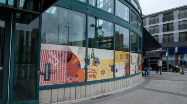 Side angle view of the vinyls on windows as they curve around.