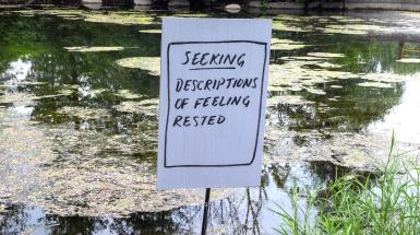 A closeup of a sign in a river near the bank. The sign reads "Seeking descriptions of feeling rested"