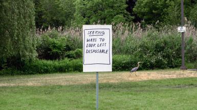 A sign on a post in grass in front of tall reed-like plants. The sign reads "Seeking ways to look less disposable"