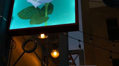 Nighttime, a lit-up sign of a white rose on green background with red border attached to a post. Another lit-up sign attached to a post behind has pink roses on a blue background with a white border.