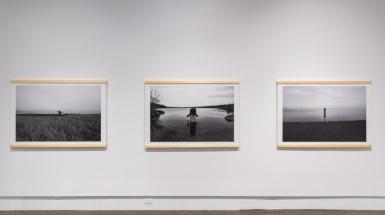 Three photographs hanging on the wall. The one on the left features a figure standing on a box in a field. The middle image showcases a figure crouched on a box which is in water. The image of the right shows a figure standing on a box further in the distance in a lake.  