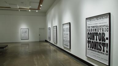 Image of gallery with multiple text based works hanging on walls. 