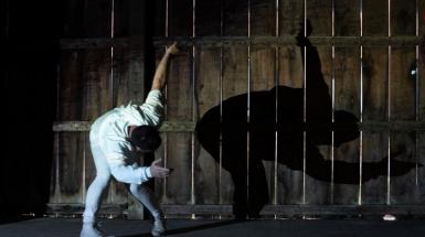 Artist bowing in a dramatic fashion, against fence with shadow.