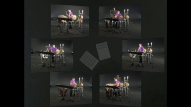 Still of video of five videos in a circle of a man playing various percussion instruments. 