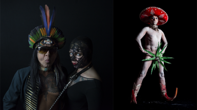 Two images of indviduals in sterotypical attire (sombrero and feather crown) 