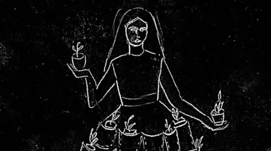 Image of drawing of lady holding flower pots