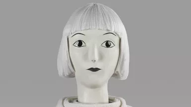 Sculpture "white elephant" of woman's head with white bob