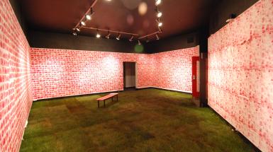 Room with turf on floor, bench in middle and red bricks painted on the walls
