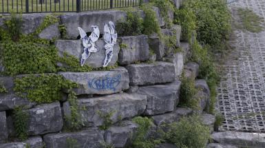 Ceramics on wall covered in plants