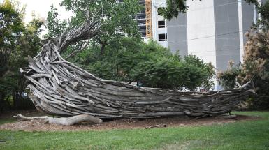 A viking ship made of driftwood among green trees