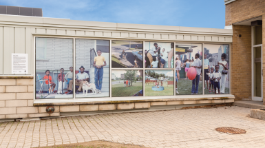 3/4 angle view of vinyl images installed on windows, depicting a black family in various candid shots.