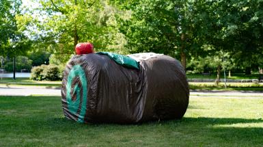 A brown cloth material in the shape of a cylinder on its side, perhaps 5 feet in height. There is a minty green swirl on the circular end visible, and a cloth cherry and green cloth leaf on top.