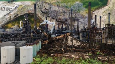 Digital composite image of industrial factory and forest.