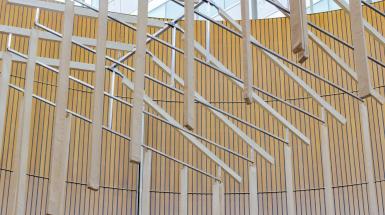Sculpture representing a small framed house suspended in Rotunda at Kitchener City Hall