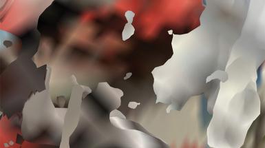 Digitally glitched image depicting freeform and overlapping shapes in red, blue, green, and shades of grey