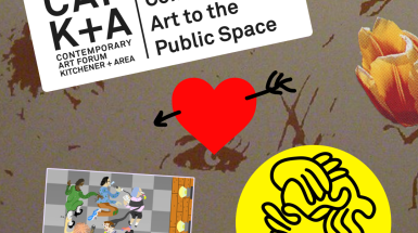 Stickers on a scratched bathroom stall wall. One says "CAFKA, Bringing Contemporary Art to the Public Space" another shows dancers frolicking on a grey checkered floor. A yellow circle shows tangled hands holding one another and the word Pinch. An orange tulip peeks out above. At the centre, a red heart is punctuated by a black doodled arrow.