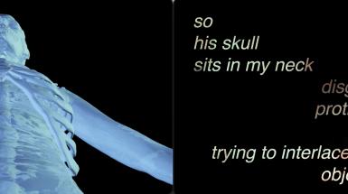 3D digital scan of human body in blue with a black background next to a caption
