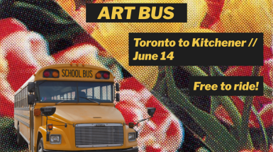 A yellow school bus on top of a tiled close-up image, split diagonally, of yellow and red-white tulips.