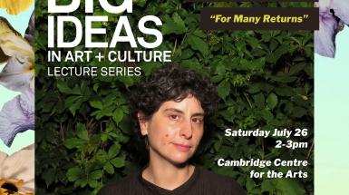 Image of Palestinian curator and writer, Nasrin Himada, in front of a dark foliage with "Big Ideas" graphics and presenter logos over a vibrant floral background