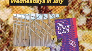 Image of an artwork made of steel beams and muslin shaped like wood planks, arranged in the shape of a house and suspended from the ceiling. Underneath this image is a blurry image of daisies. The title above the image reads Housing Circle // Wednesdays in July.