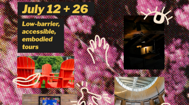 Doodles of an eye, hand, lips, nose, ear, and body with lines around it overlayed on images of contemporary artwork.