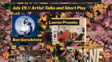 Images of four artists overlayed on a floral background and text that reads "Understories: Place + Performance, July 19, Artist Talks and Short Play".