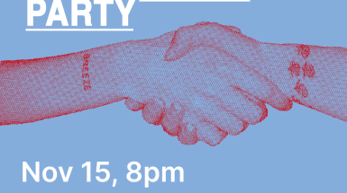 Blue background poster featuring red hands shaking in a greeting with white font advertising the 2025 Volunteer Appreciation and Recruitment Party