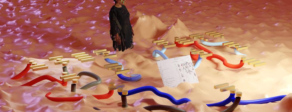 the artist in an augmented reality space with plasticized sand and squiggly tubes