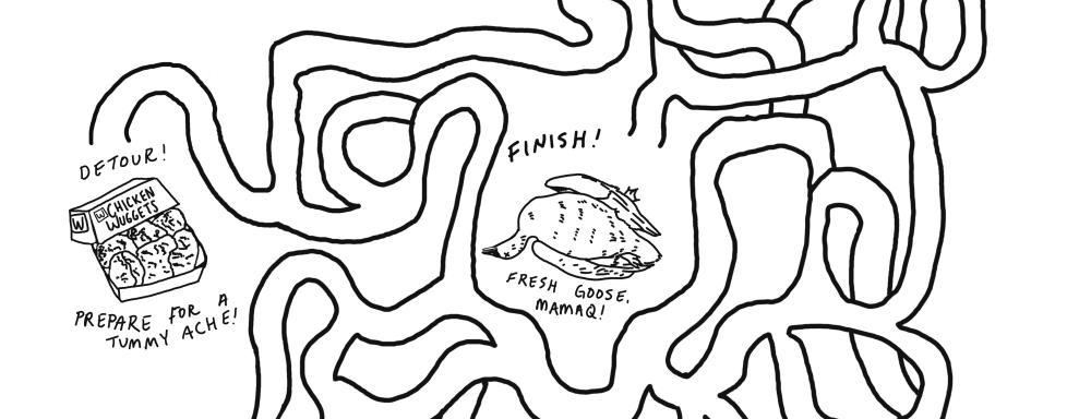 a finger maze with dead ends such as a hungry polar bear, fresh goose and fast food