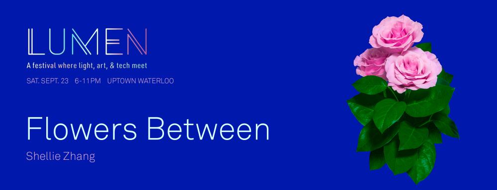 Pink Roses on a blue background, Lumen logo, Saturday September 23 6-11PM Uptown Waterloo