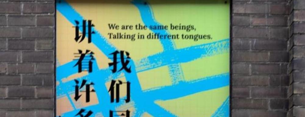 Image with english and chinese simplified writing that says " We are the same beings talking in different tongues". Neon background with abstract blue lines.  
