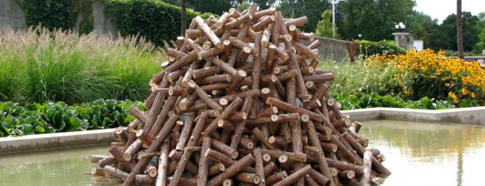 Pile of logs sitting in pond. 