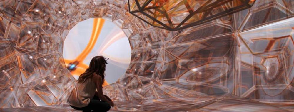 Woman crouching surrounded by protected 3D animation. 