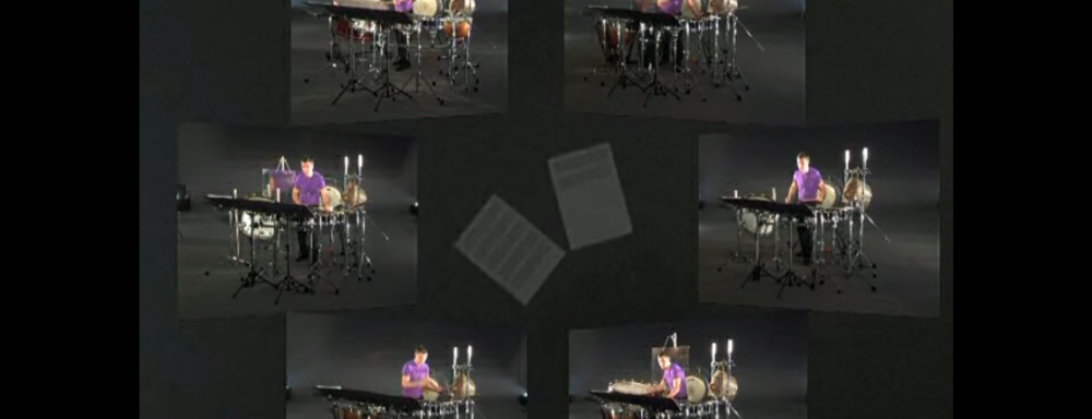 Still of video of five videos in a circle of a man playing various percussion instruments. 