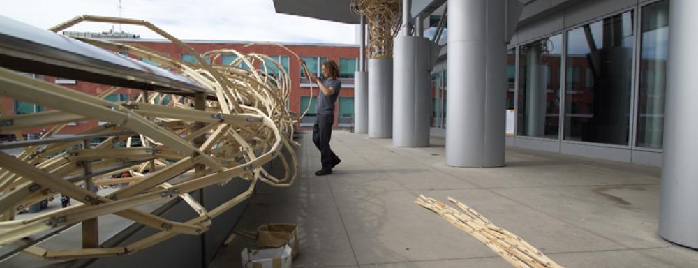 A sculpture made of wooden beams in an organic structure winding around railings of Kitchener city hall building 