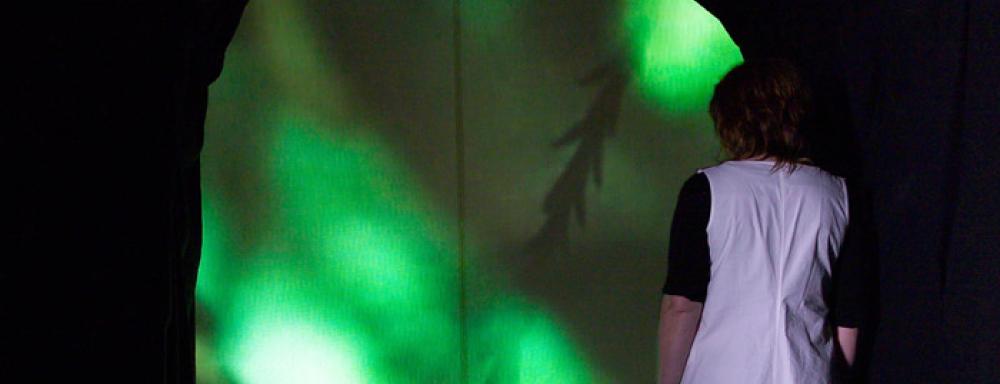 Human looking projection in a arched shape that is green and has silhouettes of pine leaves. 