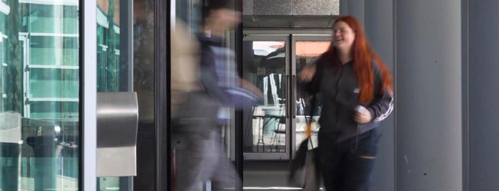 Two individuals walking through revolving door. 