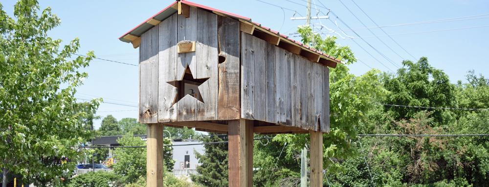 A large wooden shed with a star-shaped hole in the front, put up on stilts with an open bottom.