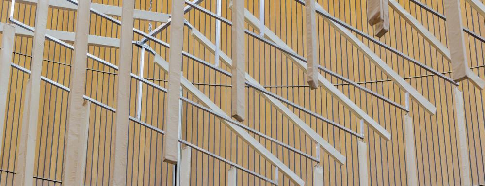 Sculpture representing a small framed house suspended in Rotunda at Kitchener City Hall